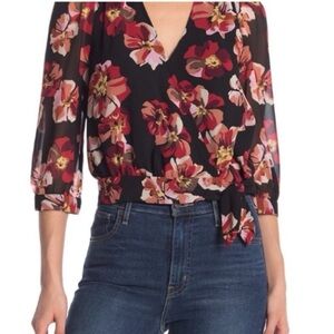 Madewell‎ Black Floral  3/4 Sleeve True Wrap Front Blouse With Tie Size XS